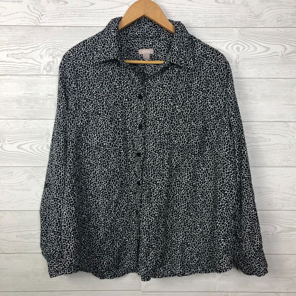 Chico's Women's Size 3/XL Printed Long Sleeve Button Front Shirt Black White
